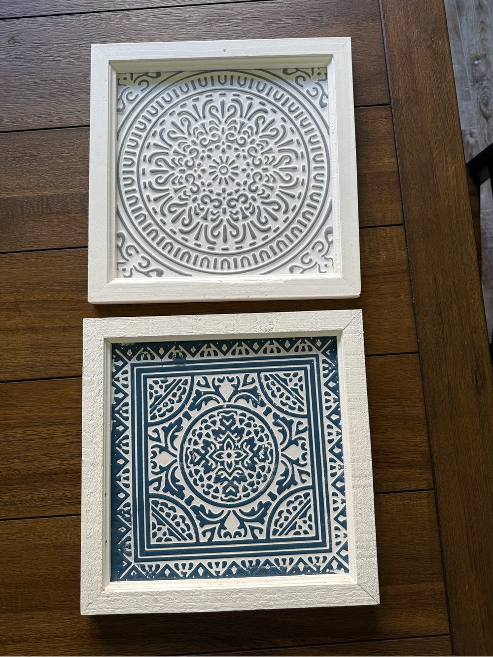 Set of 2 Decorative Framed Wall Plaques in White and Blue